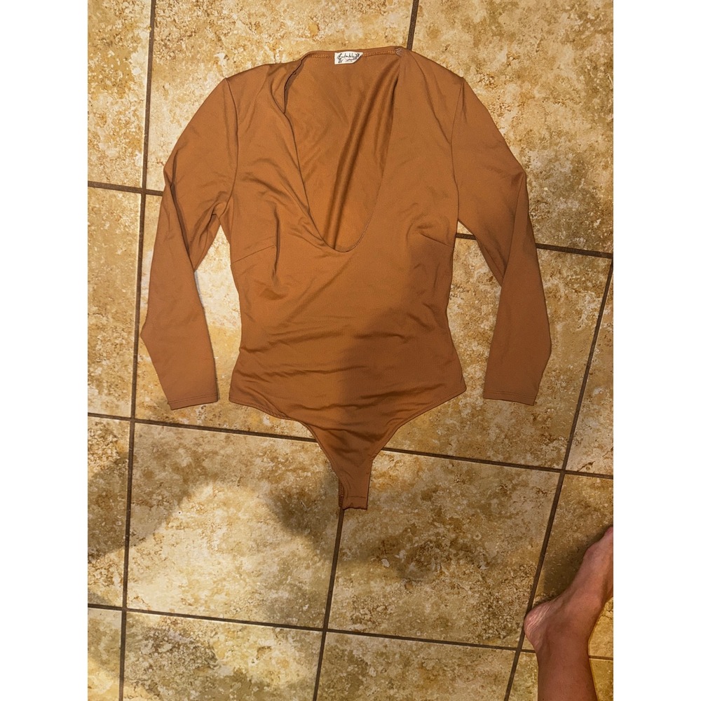 Intimately Free People Close Call Duo Long Sleeve Deep V Neck Bodysuit Ginger XS